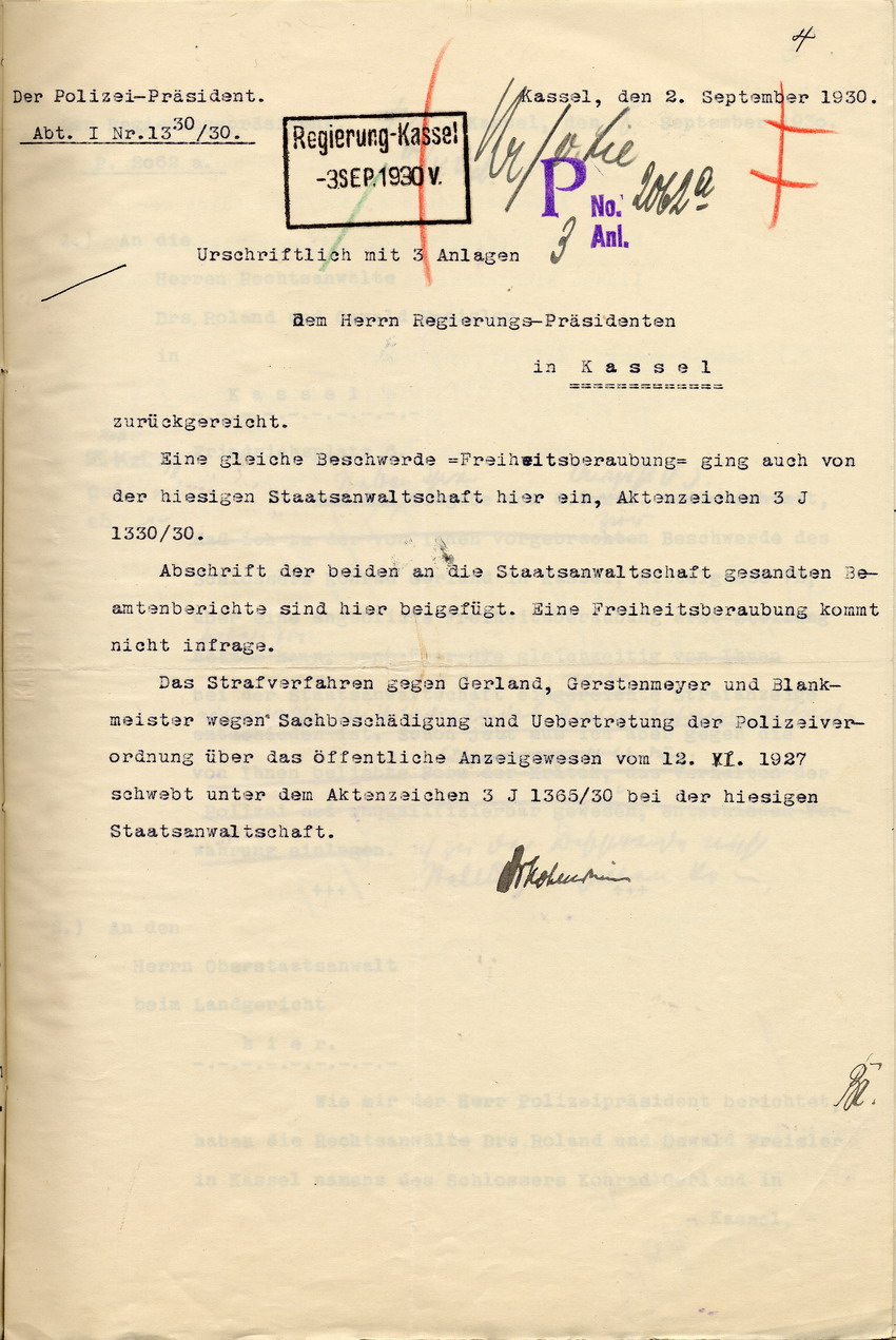 Bild zum Dokument Stellungnahme des Polizeipräsidenten Hohenstein an den Regieru