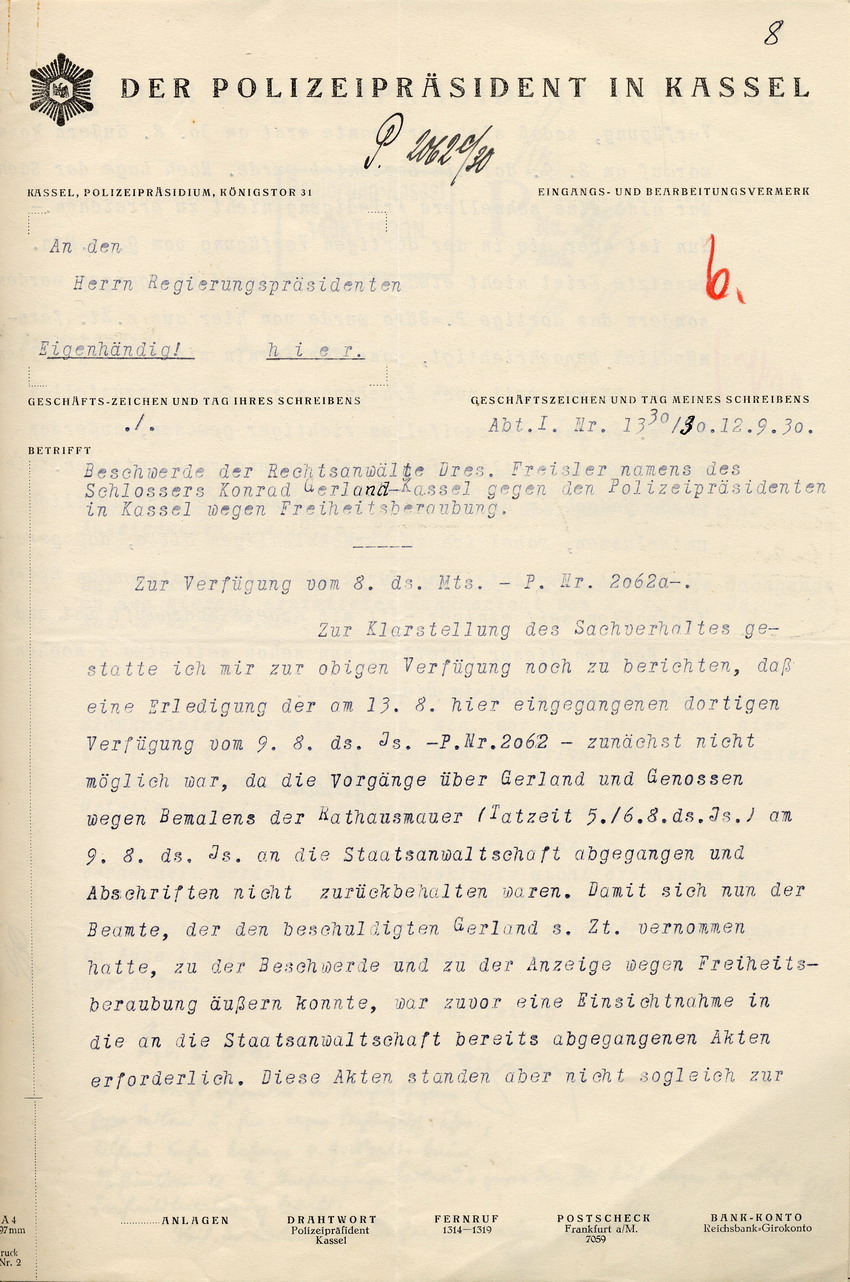 Bild zum Dokument Polizeipräsident Hohenstein an den Regierungspräsidenten: Klar