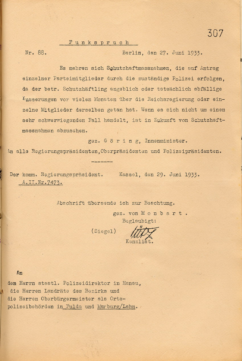 Funkspruch Schutzhaftmaßnahmen Bild zum Dokument Funkspruch des Innenministers: Von Schutzhaftmaßnahmen auf Ant