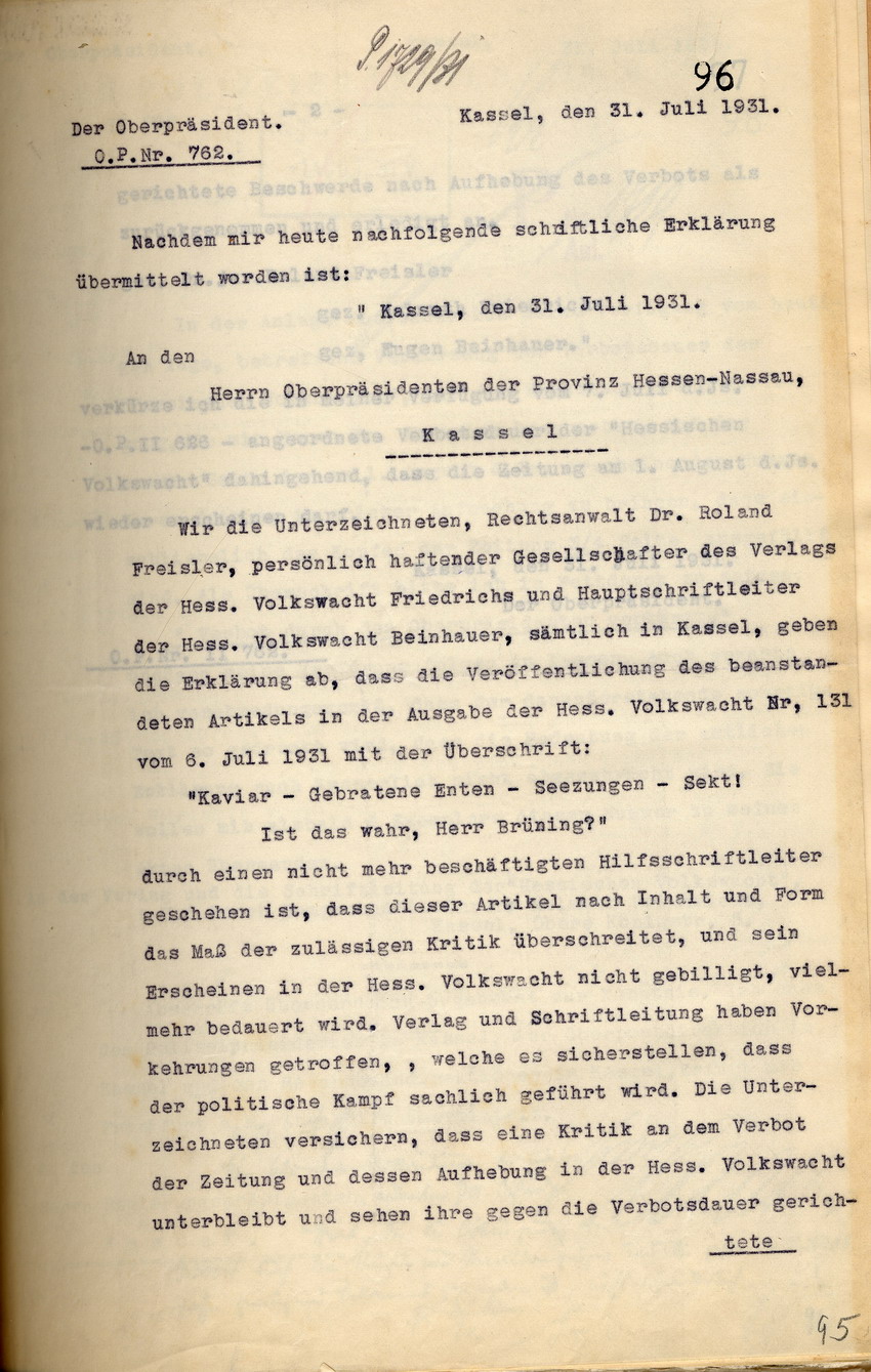 Stellungnahme (1) Bild zum Dokument Offizielle Stellungnahme der "Hessischen Volkswacht" zum Brühn