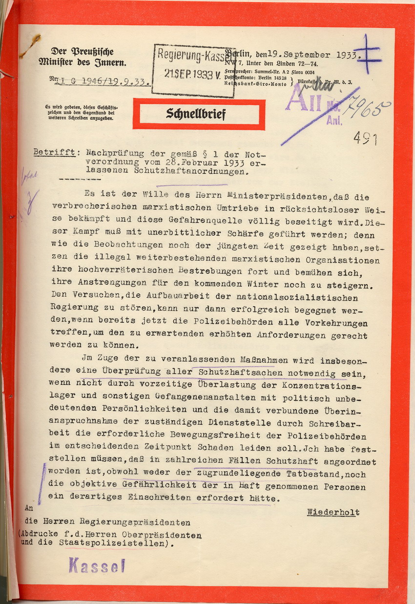 Überprüfung Schutzhaftmaßnahmen (1) Bild zum Dokument Anordnung des Innenministers zur Überprüfung der Schutzhaftord