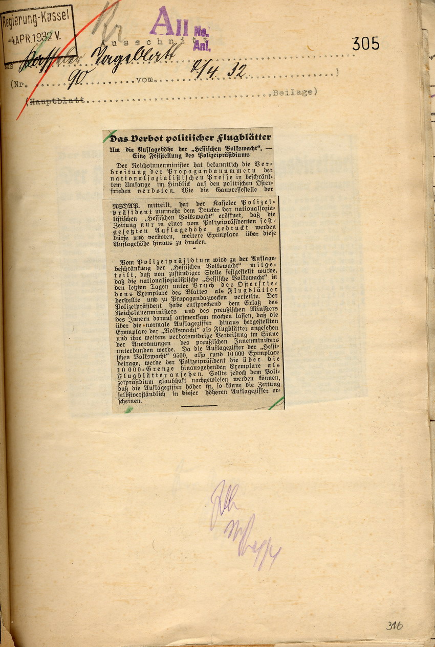"Kasseler Tageblatt" Bild zum Dokument Weitere Reaktionen der Presse auf die polizeiliche Anordnung,