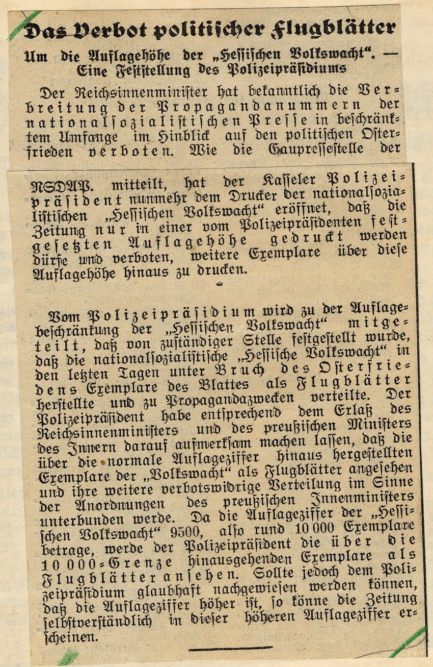 Bild zum Dokument Weitere Reaktionen der Presse auf die polizeiliche Anordnung,
