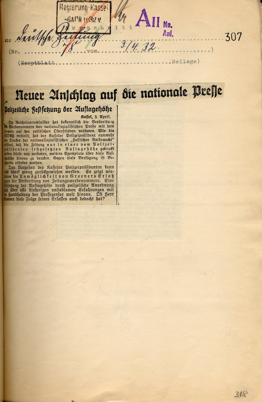 "Hessische Zeitung" Bild zum Dokument Weitere Reaktionen der Presse auf die polizeiliche Anordnung,