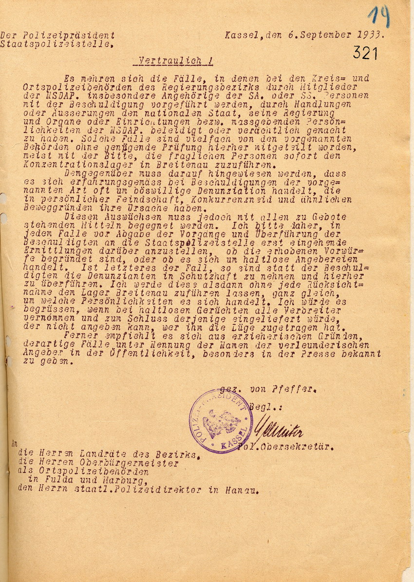 Anweisung Schutzhaftanträge zu prüfen Bild zum Dokument Anweisung des Polizeipräsidenten Schutzhaftanträge genauestens