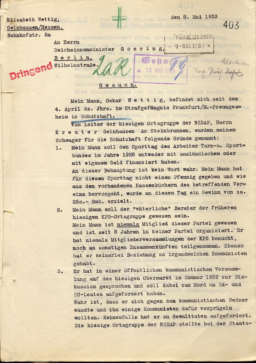 Gesuch Wettig (1) Bild zum Dokument Gesuch der Elisabeth Wettig ihren Ehemann Oskar Wettig aus der