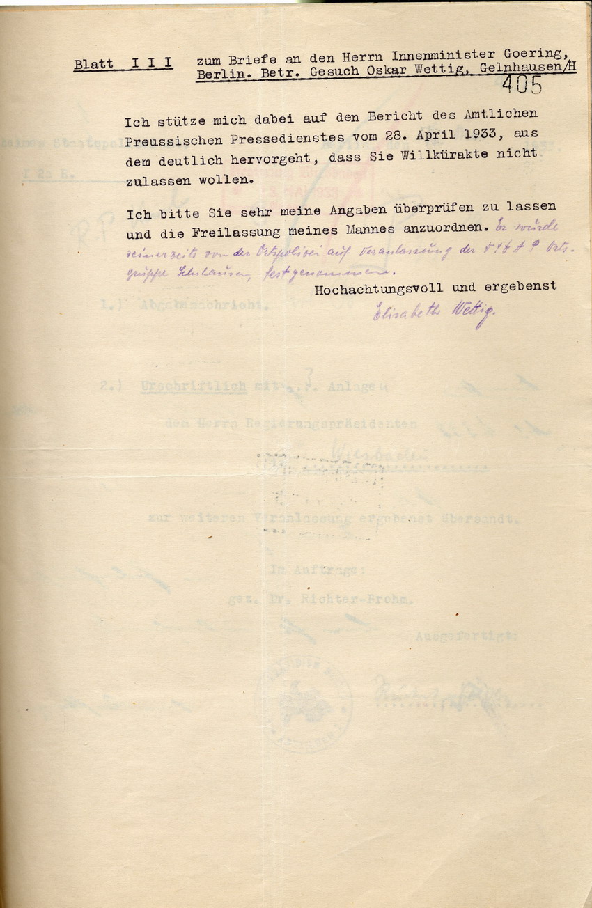 Gesuch Wettig (3) Bild zum Dokument Gesuch der Elisabeth Wettig ihren Ehemann Oskar Wettig aus der