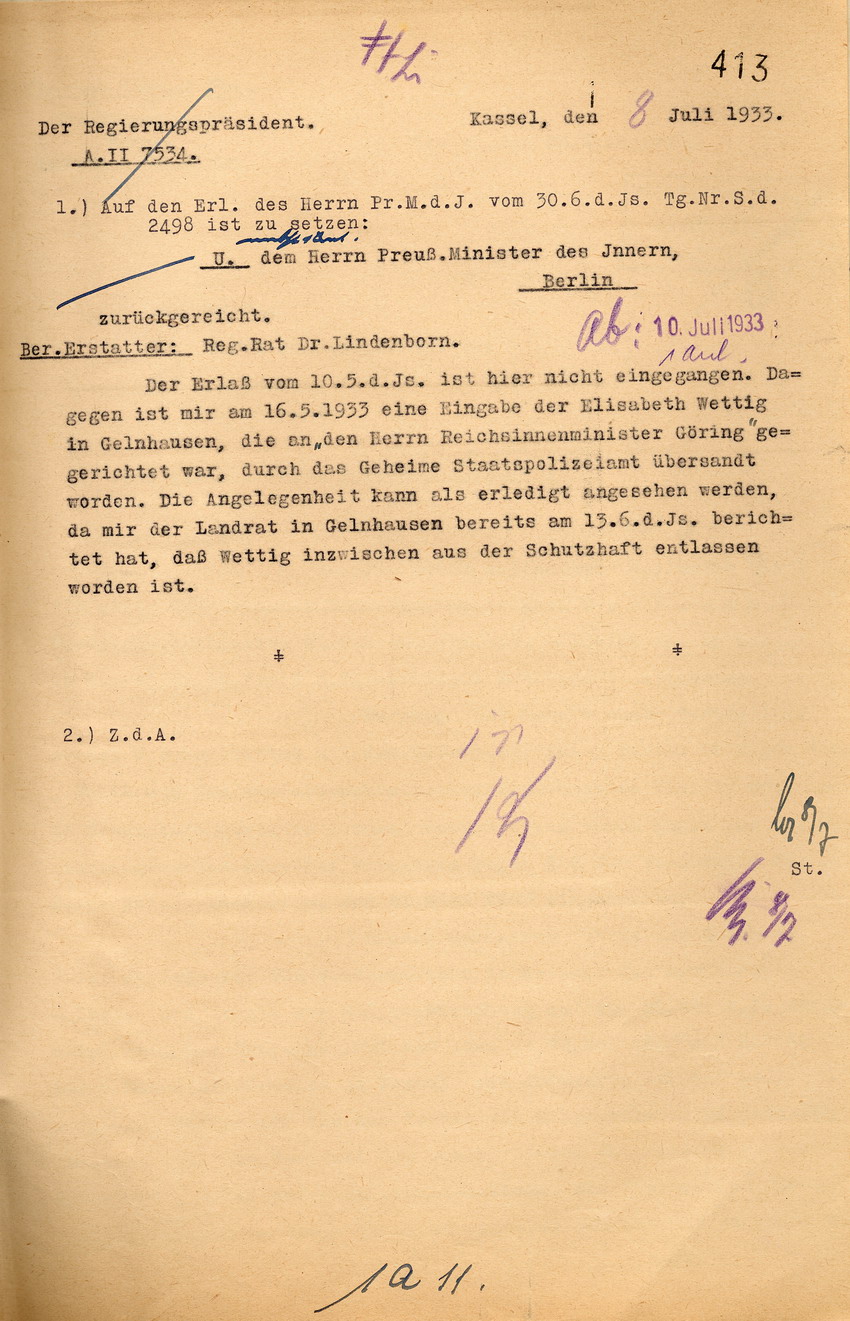Reaktion Wettig Bild zum Dokument Reaktion der Regierungspräsidenten auf die Eingabe der Elisabe