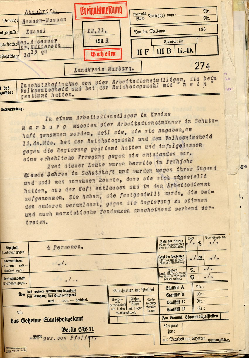 Ereignismeldung Inschutzhaftnahme Bild zum Dokument Ereignismeldung des Regierungsassessors über die Inschutzhaftn