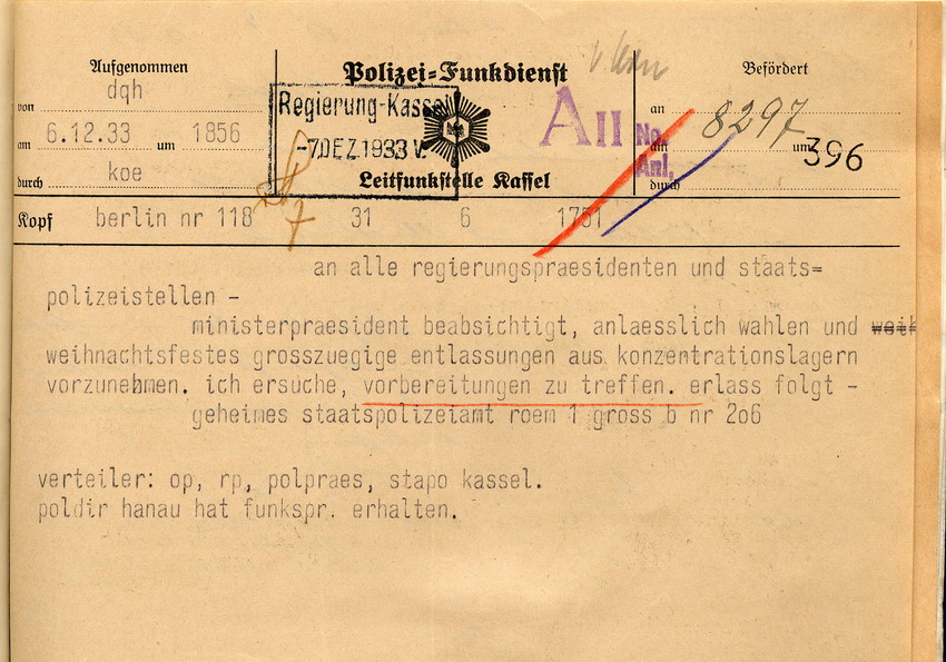 Funkspruch Entlassung (1) Bild zum Dokument Funkspruch des Geheimen Staatspolizeiamtes: Mitteilung über ge