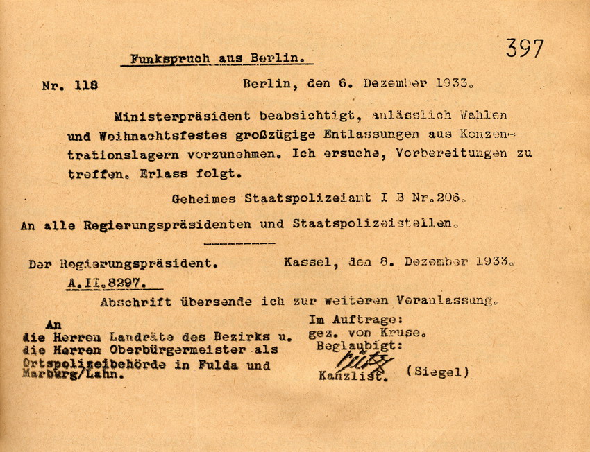 Funkspruch Entlassung (2) Bild zum Dokument Funkspruch des Geheimen Staatspolizeiamtes: Mitteilung über ge