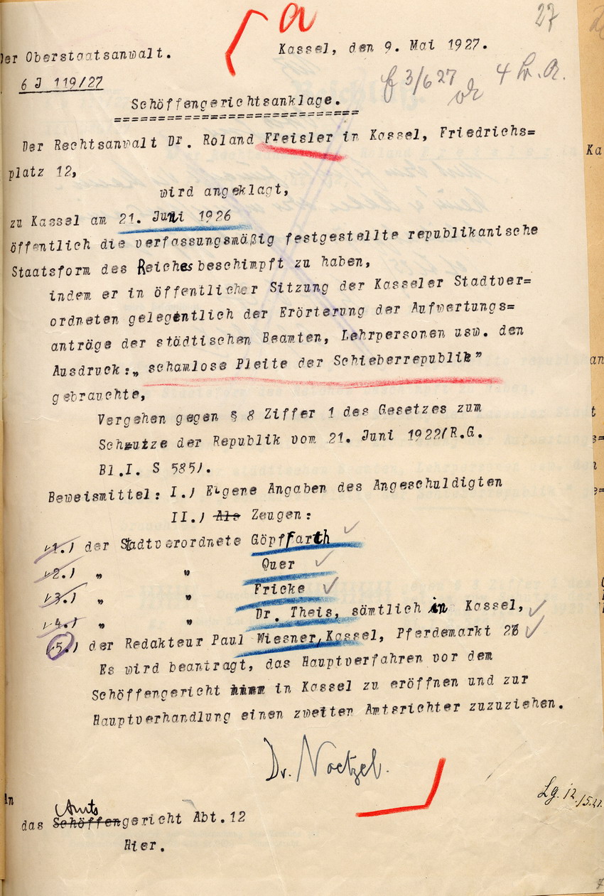 Anklage Bild zum Dokument Anklageschrift des Oberstaatsanwalts in Kassel gegen den Stadt