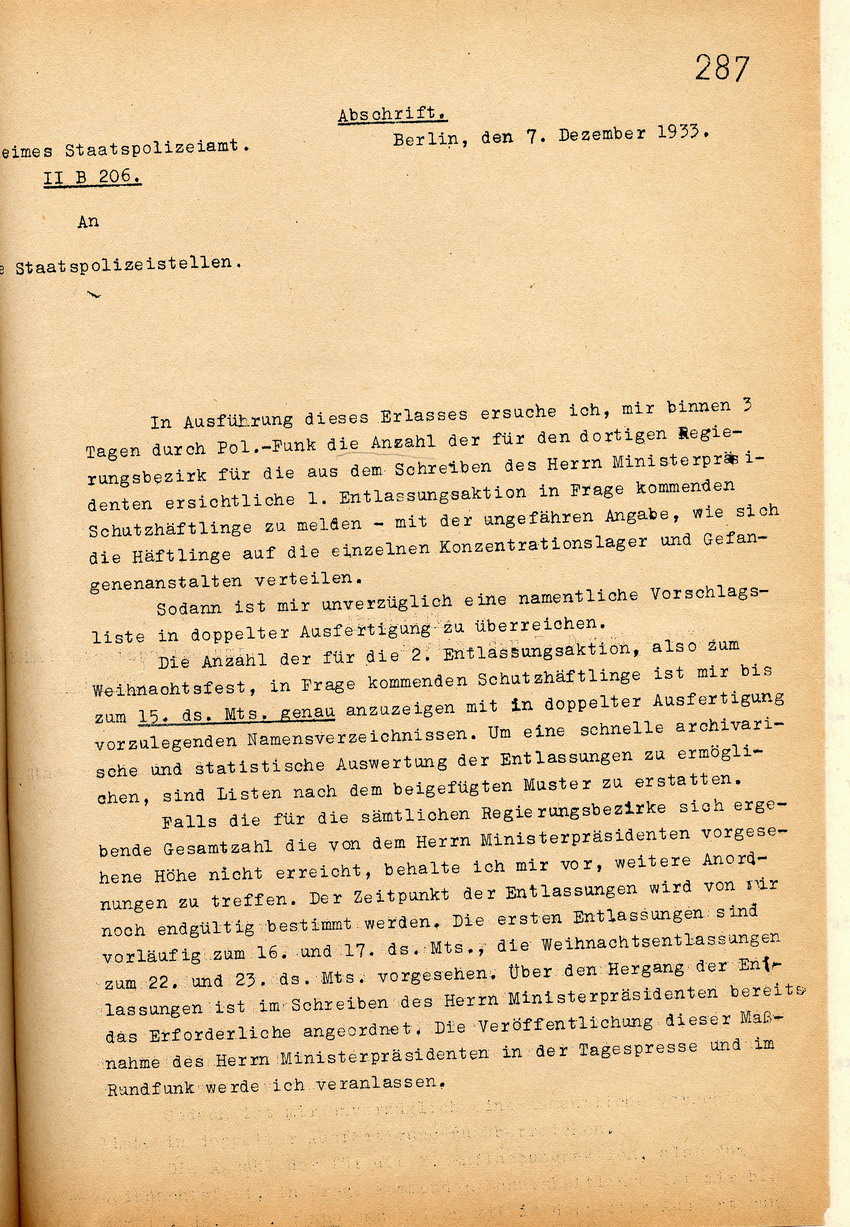 Mitteilung Entlassungsaktion (1) Bild zum Dokument Mitteilung des Geheimen Staatspolizeiamtes zur Durchführung de