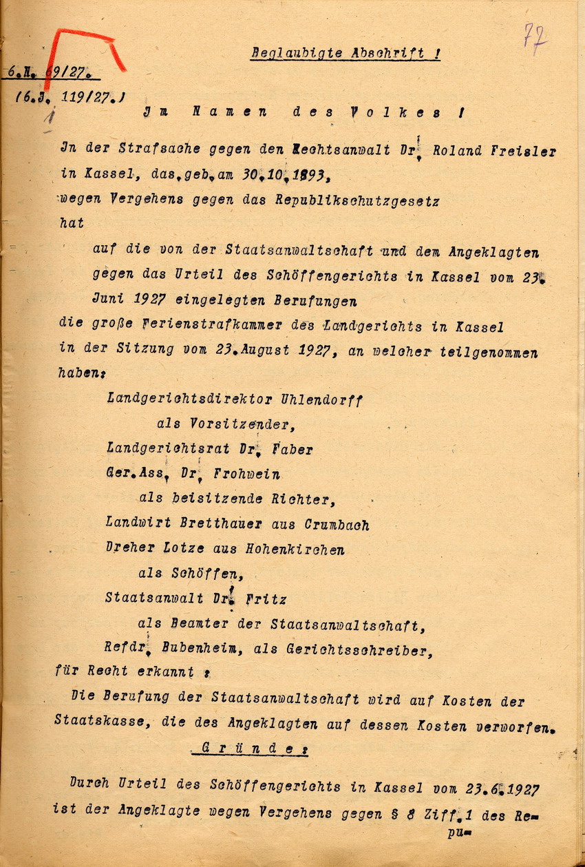 Urteil (1) Bild zum Dokument Erneutes Urteil der Ferienstrafkammer des Landgerichts Kassel
