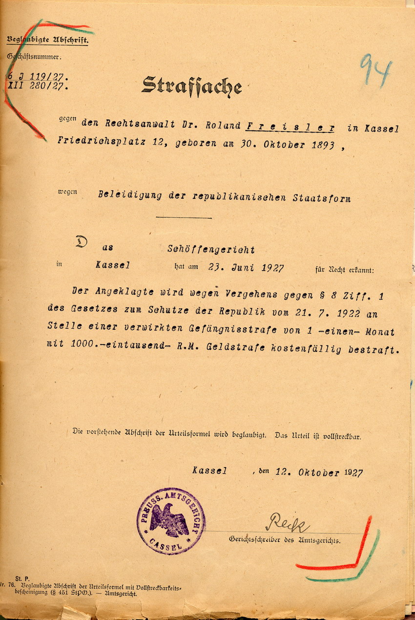 Endgültiges Urteil Bild zum Dokument Endgültiges Urteil des Schöffengerichts Kassel gegen den Angek