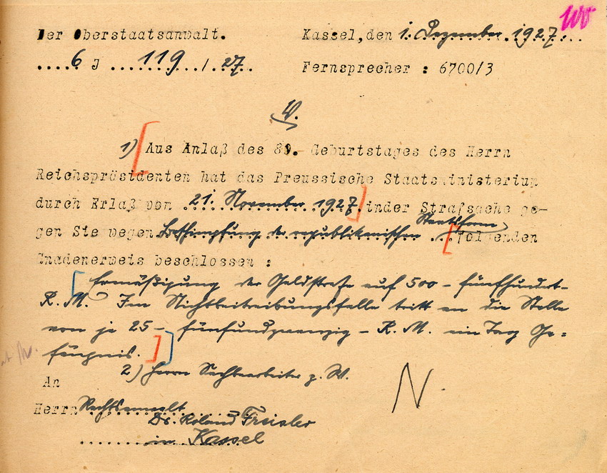 Bild zum Dokument "Gnadenerweis" anlässlich des 80. Geburtstags von Hindenburg: