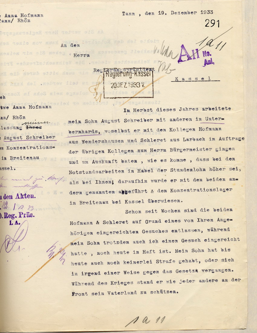 Gesuch Hofmann (1) Bild zum Dokument Gesuch der Anna Hofmann ihren Sohn August Schreiber zu Weihnac