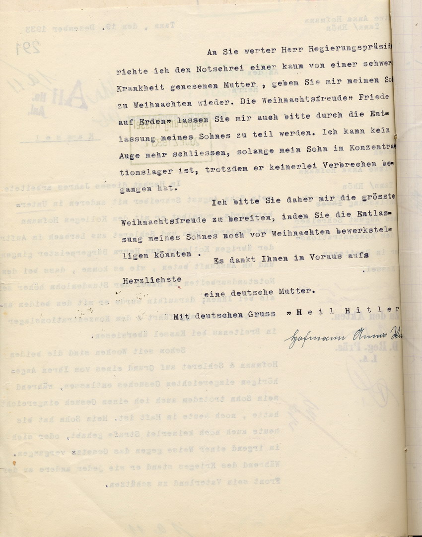 Gesuch Hofmann (2) Bild zum Dokument Gesuch der Anna Hofmann ihren Sohn August Schreiber zu Weihnac