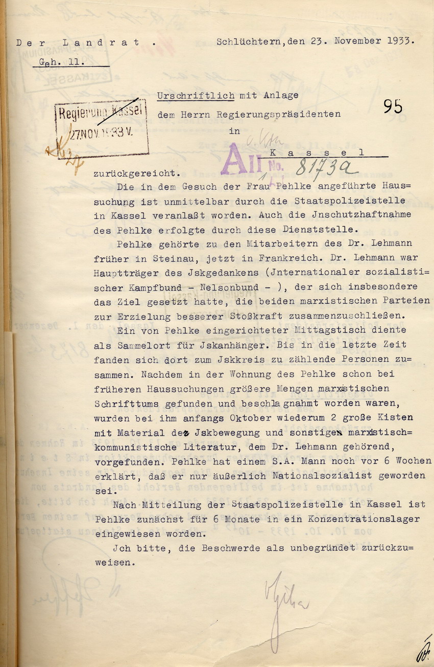 Begründung Schutzhaft (1) Bild zum Dokument Mitteilung des Grundes der Inschutzhaftnahme von Ernst Pehlke,