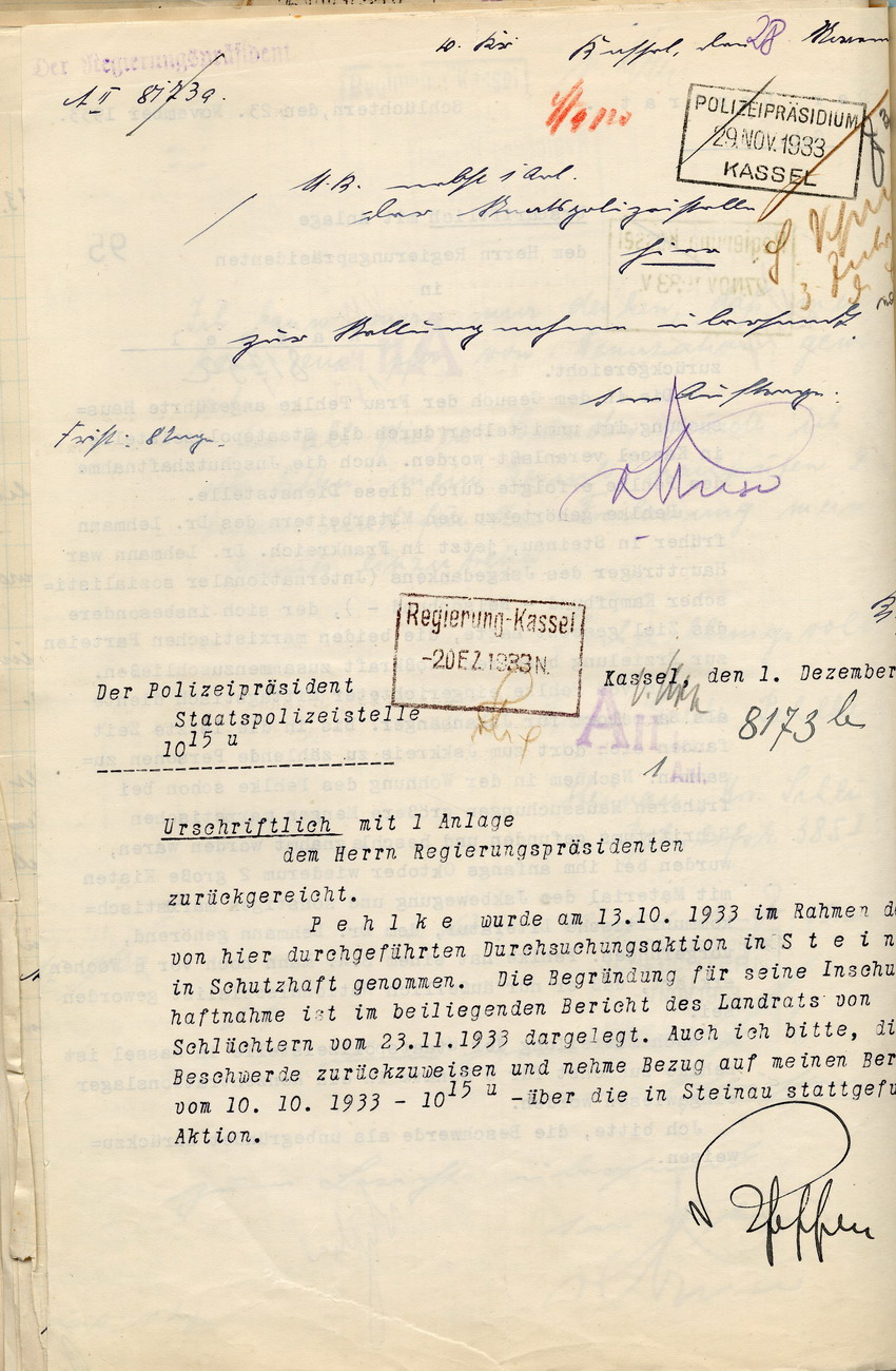 Begründung Schutzhaft (2) Bild zum Dokument Mitteilung des Grundes der Inschutzhaftnahme von Ernst Pehlke,
