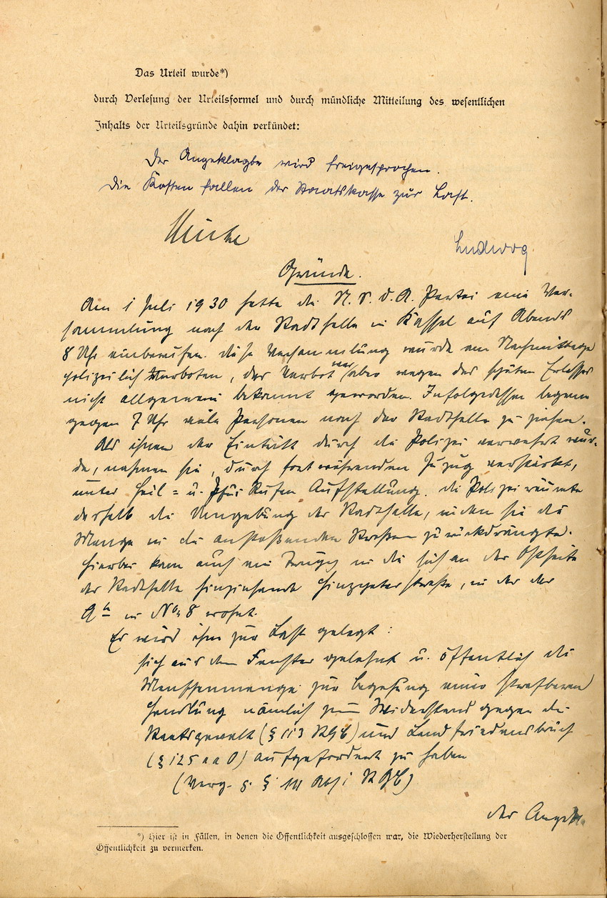 Bild zum Dokument Urteil des Amtsgerichts Kassel vom 2. Juli 1930 im Fall Freisl