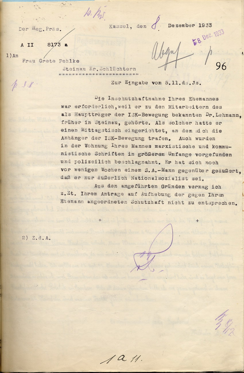 Ablehnung des Gesuchs Bild zum Dokument Mitteilung des Regierungspräsidenten über den Grund der Inschu