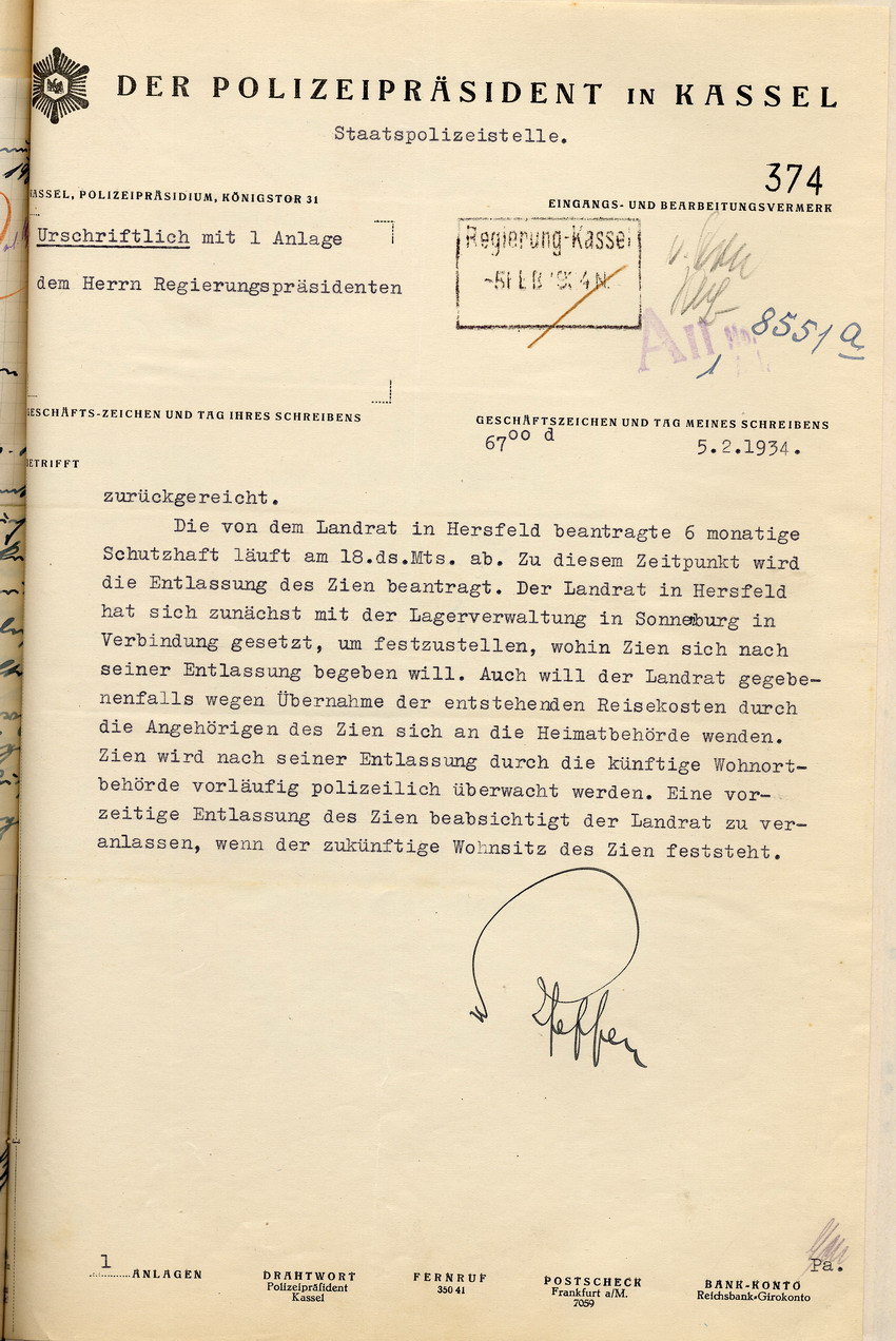 Reaktion Polizeipräsident Bild zum Dokument Reaktion des Polizeipräsidenten auf den Gesuch des Schutzhäftl