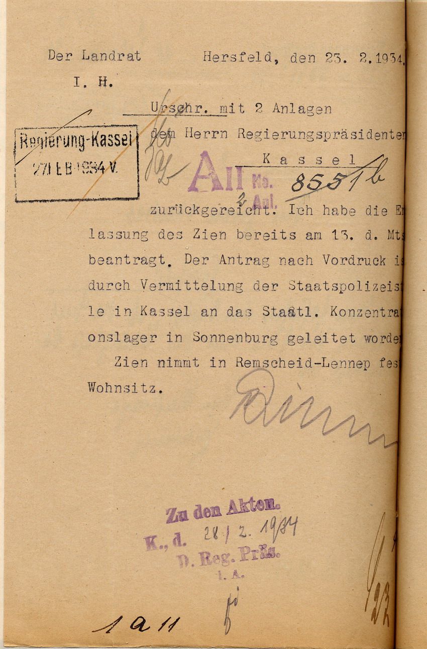 Mitteilung Landrat Bild zum Dokument Antwort des Landrates auf den Gesuch des Schutzhäftlings Wilhe
