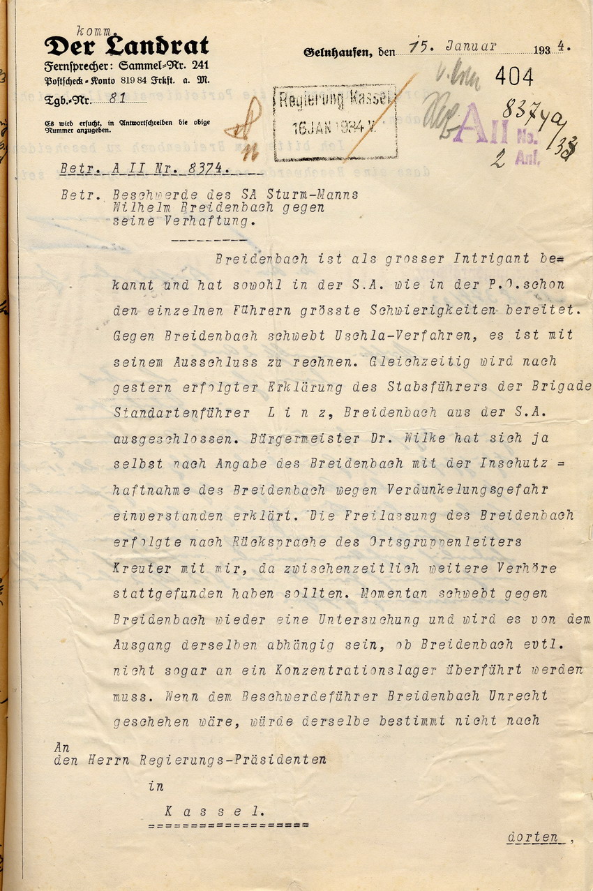 Antwort Landrat (1) Bild zum Dokument Reaktion des Landrates auf die Beschwerde des SA-Sturmmannes