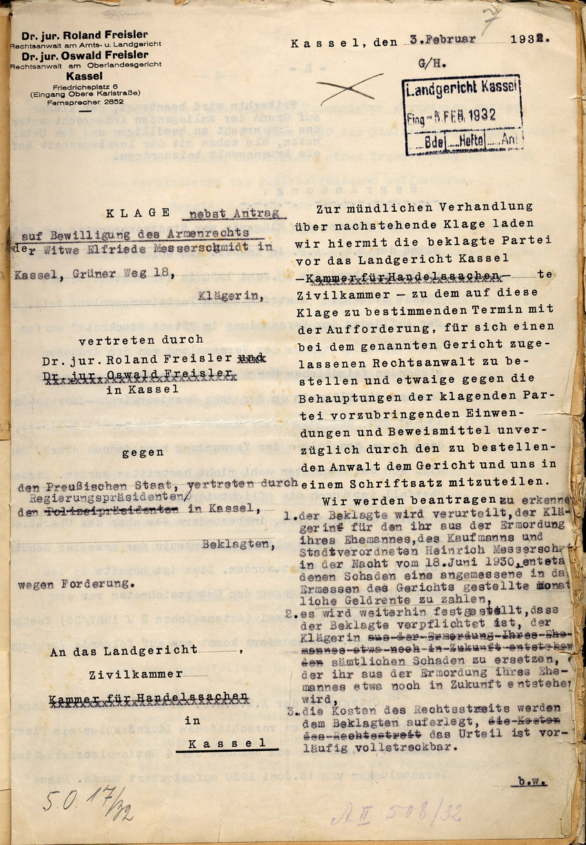 Bild zum Dokument Anwälte Freisler: Klageschrift der Witwe Elfriede Messerschmid