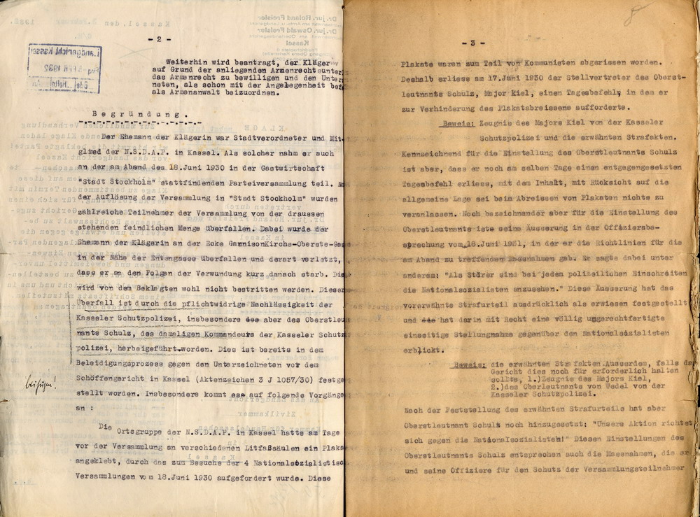 Bild zum Dokument Anwälte Freisler: Klageschrift der Witwe Elfriede Messerschmid