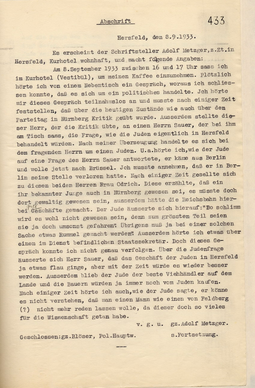 Aussage Metzger (1) Bild zum Dokument Aussage Adolf Metzgers über ein mitgehörtes Gespräch zwischen