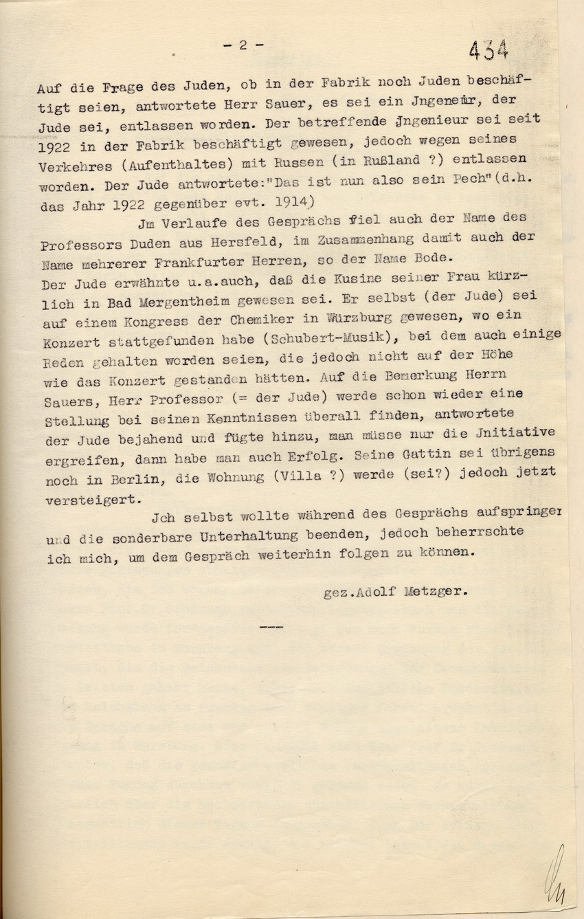 Aussage Metzger (2) Bild zum Dokument Aussage Adolf Metzgers über ein mitgehörtes Gespräch zwischen