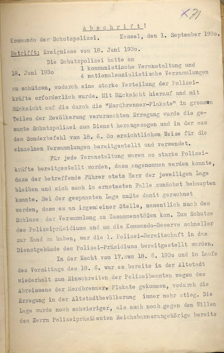 Bild zum Dokument Einsatzprotokoll des Kommandos der Schutzpolizei über die Erei