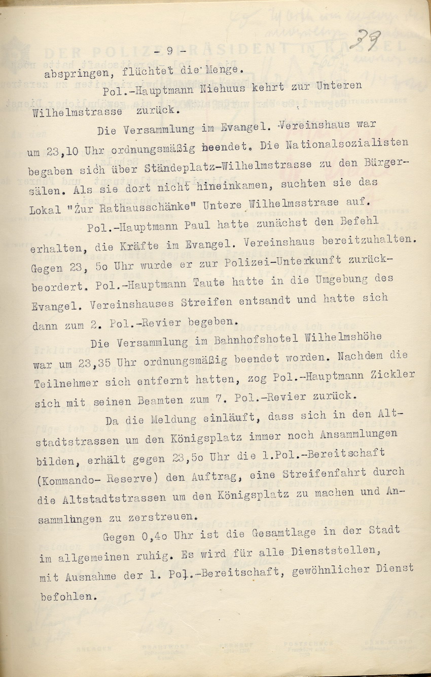 Bild zum Dokument Einsatzprotokoll des Kommandos der Schutzpolizei über die Erei