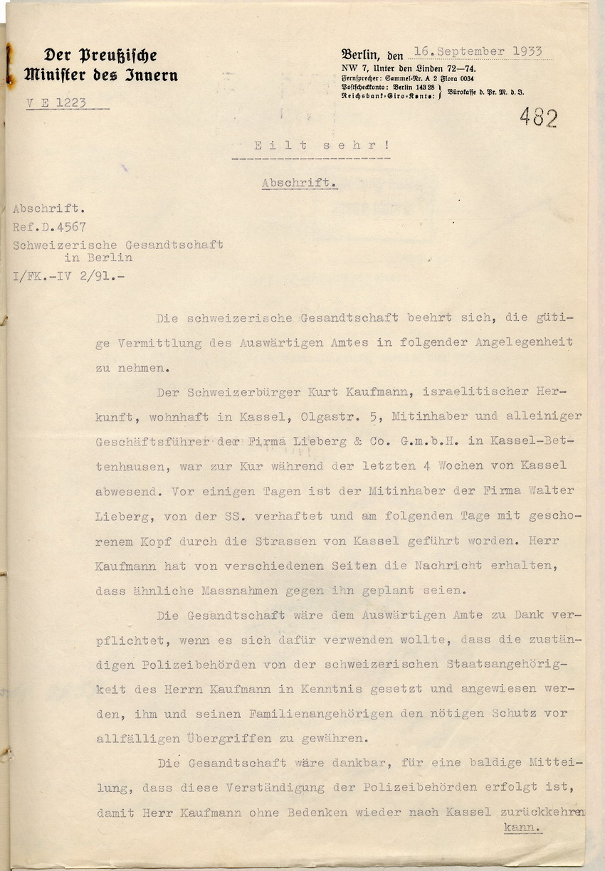 Anfrage (1) Bild zum Dokument Anfrage der Schweizerischen Gesandtschaft an das Auswärtige Am