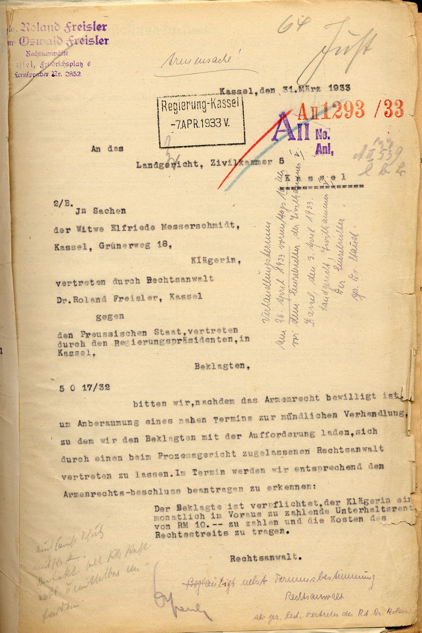 Bild zum Dokument Anwälte Freisler: Unterhaltsklage der Witwe Messerschmidt beim