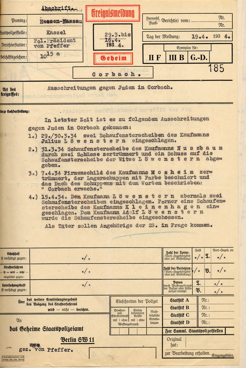 Übersicht Bild zum Dokument Übersicht des Polizeipräsidenten über Ausschreitungen gegen jü