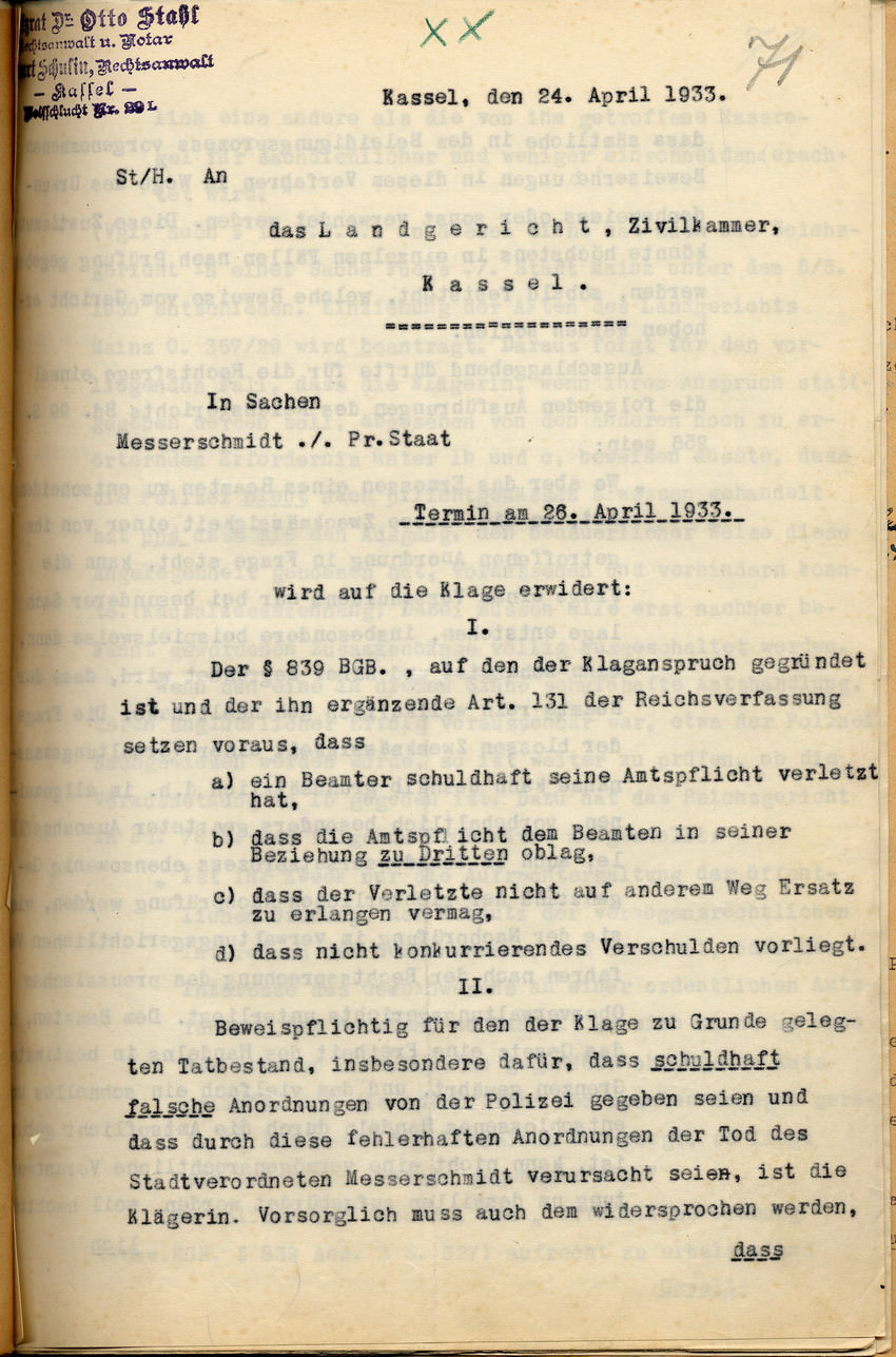 Bild zum Dokument Erwiderung des Rechtsanwalts Dr. Otto Stahl im Namen des Preuß