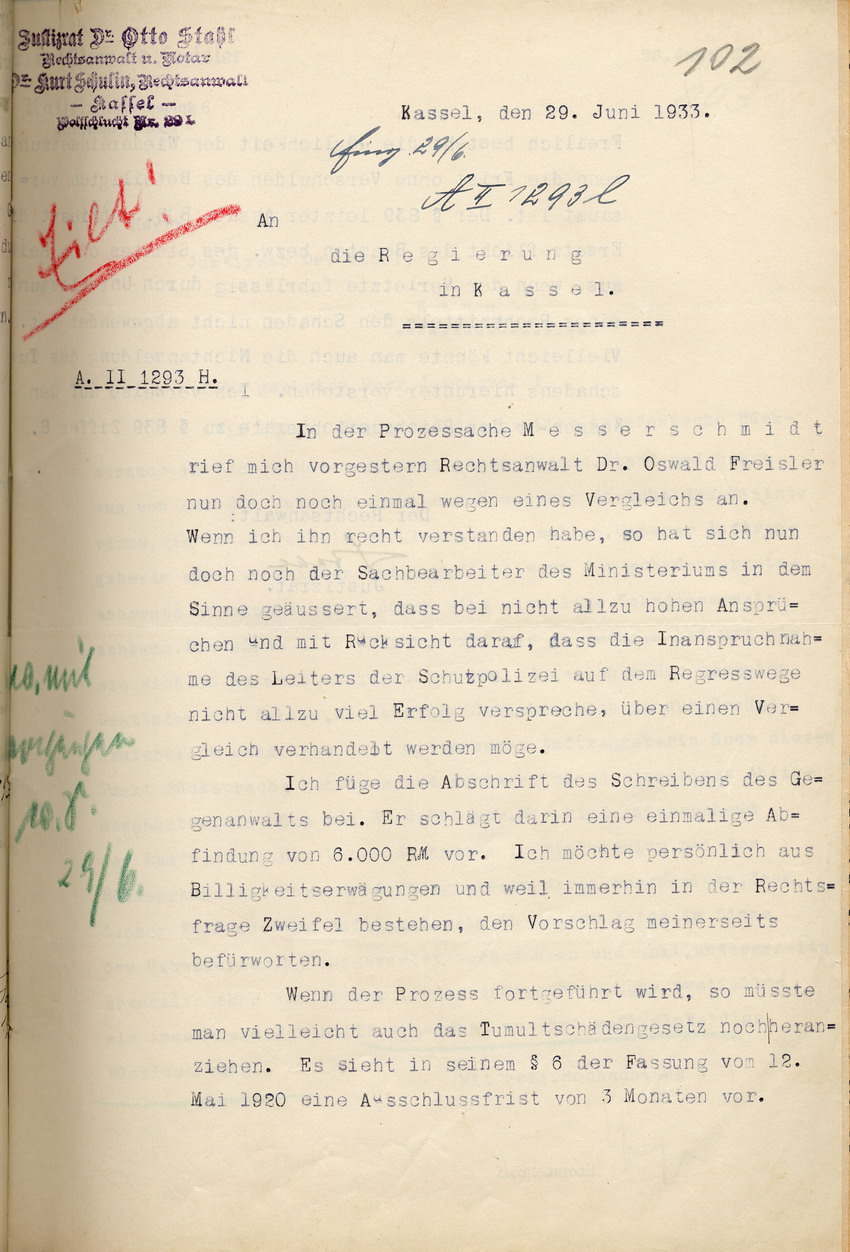 Bild zum Dokument Einigung der Parteien Messerschmidt und Preußischer Staat auf