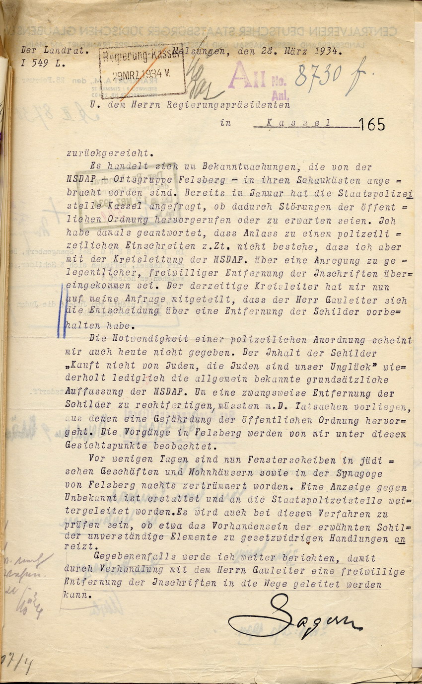 Reaktion Landrat Bild zum Dokument Reaktion des Landrates auf die Beschwerde des Centralvereins d