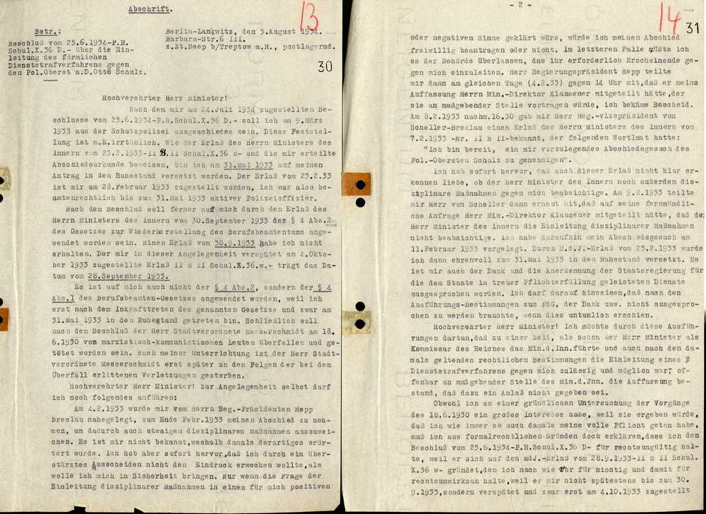 Bild zum Dokument Stellungnahme des Polizeioberst a. D. Otto Schulz an den Minis