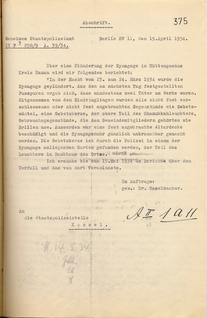 Bericht Ermittlungsstand Bild zum Dokument Bericht des Geheimen Staatspolizeiamtes über den bisherigen Er