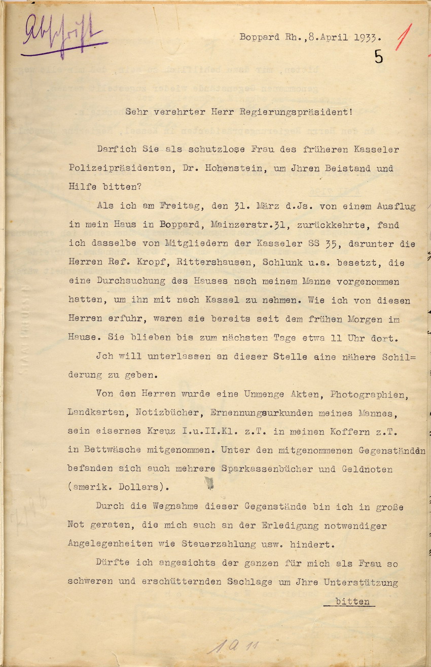 Bild zum Dokument Brief der Ehefrau des ehemaligen Polizeipräsidenten Hohenstein