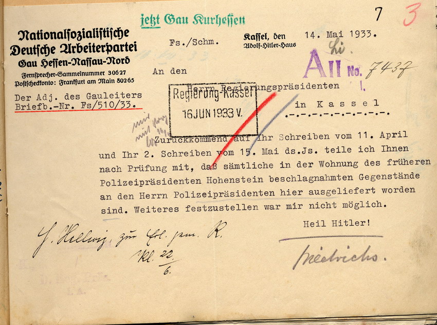 Bild zum Dokument Stellungnahme des NSDAP-Gauleiters von Kurhessen zur Haussuchu