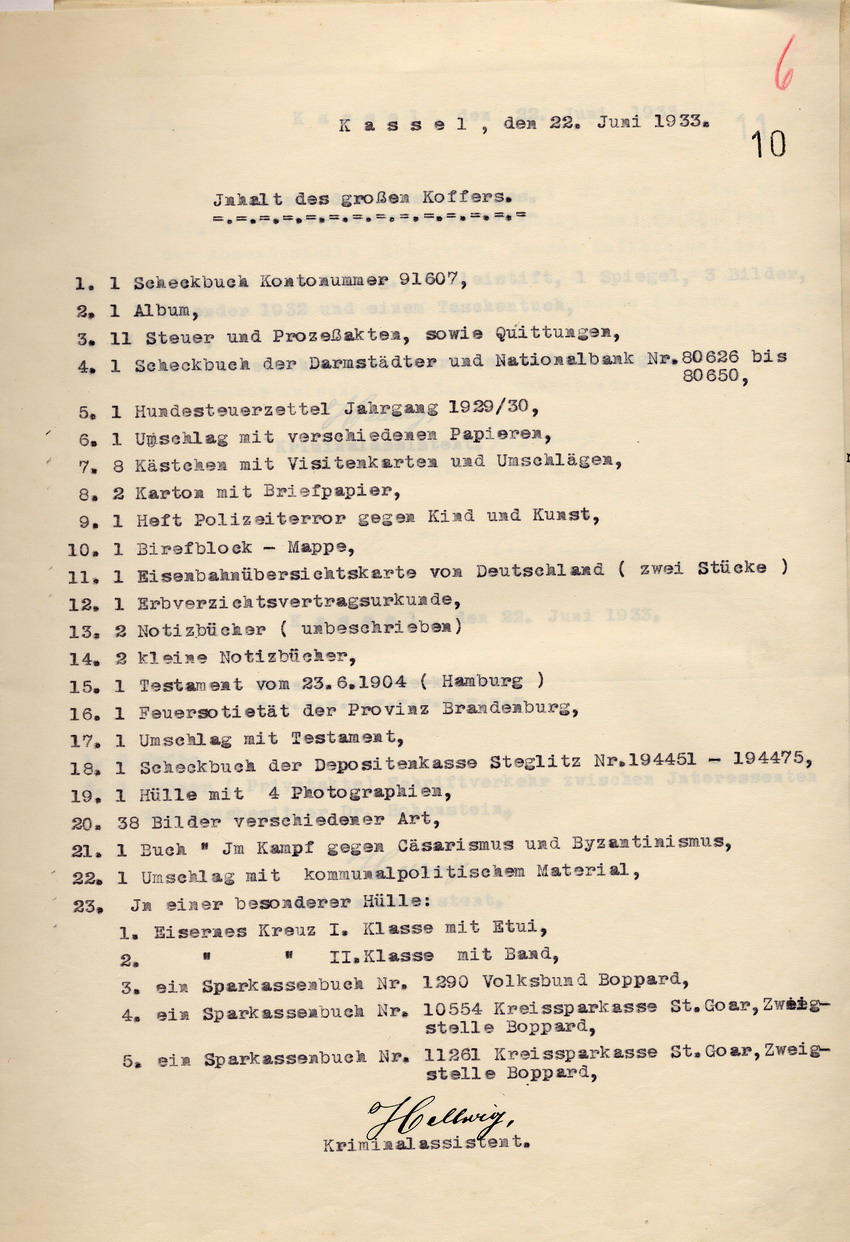 Bild zum Dokument Verzeichnis des Kriminalassistenten Hellwig über die an Hohens