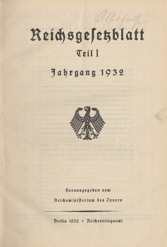 Bild zum Dokument Reichsgesetzblatt, Tei 1, Jahrgang 1932