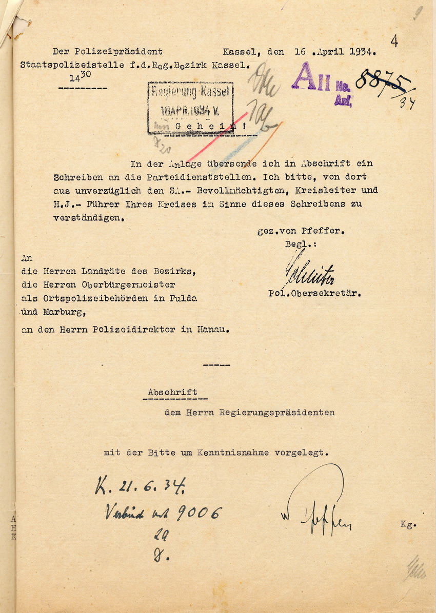 Anschreiben (1) Bild zum Dokument Bericht des Polizeipräsidenten von Übergriffen auf jüdische Mi