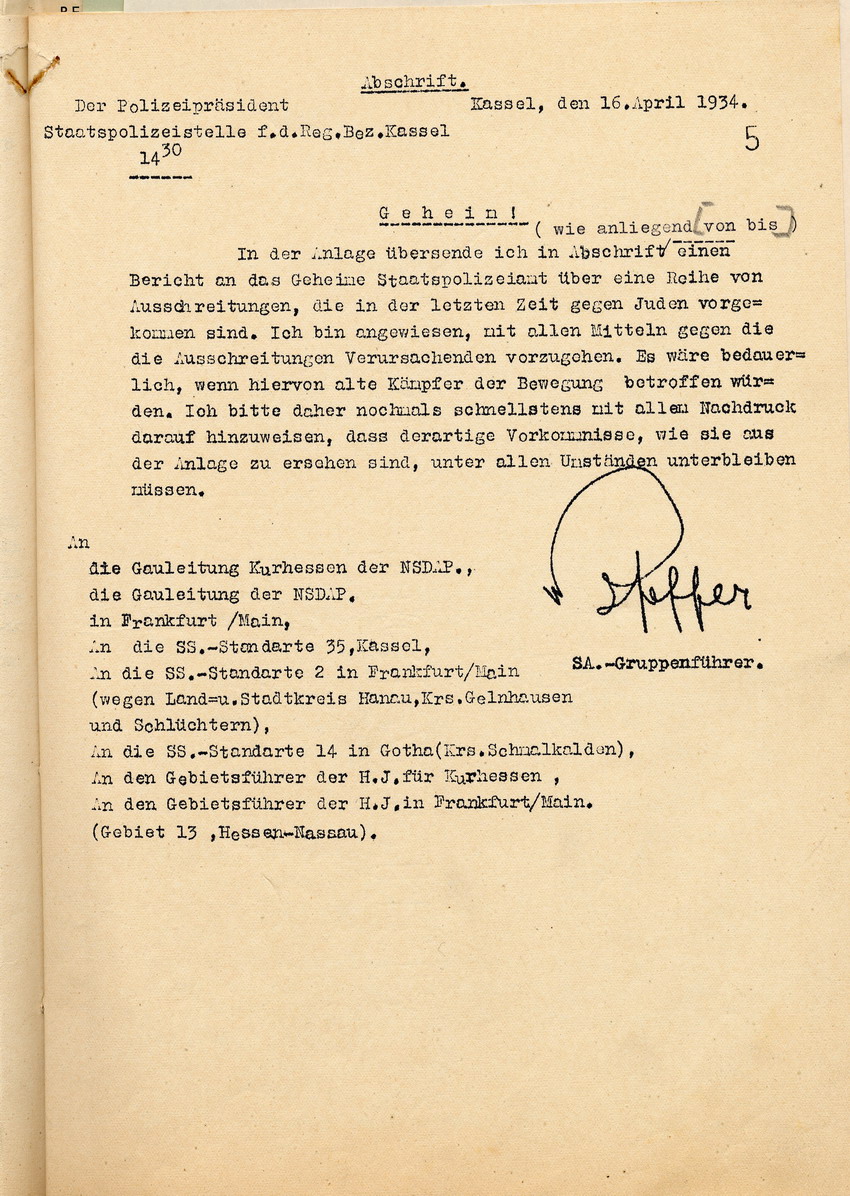 Anschreiben (2) Bild zum Dokument Bericht des Polizeipräsidenten von Übergriffen auf jüdische Mi
