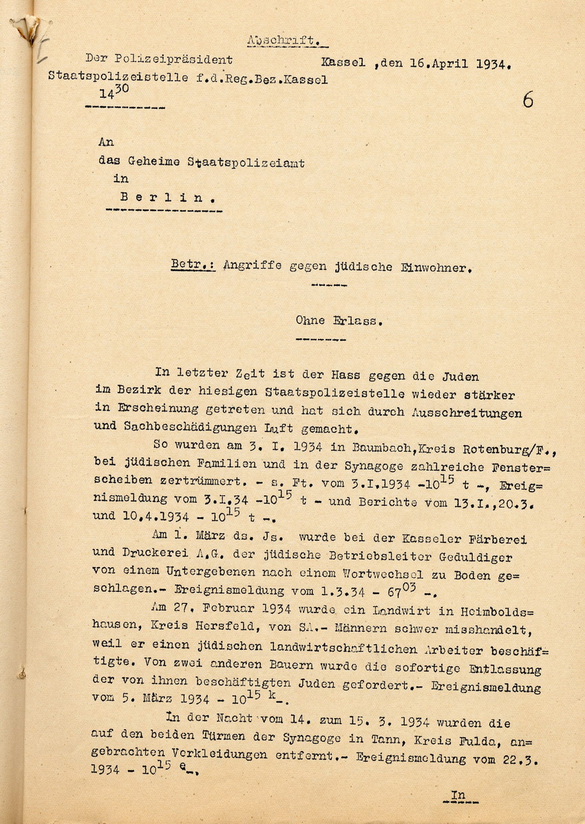 Bericht (1) Bild zum Dokument Bericht des Polizeipräsidenten von Übergriffen auf jüdische Mi